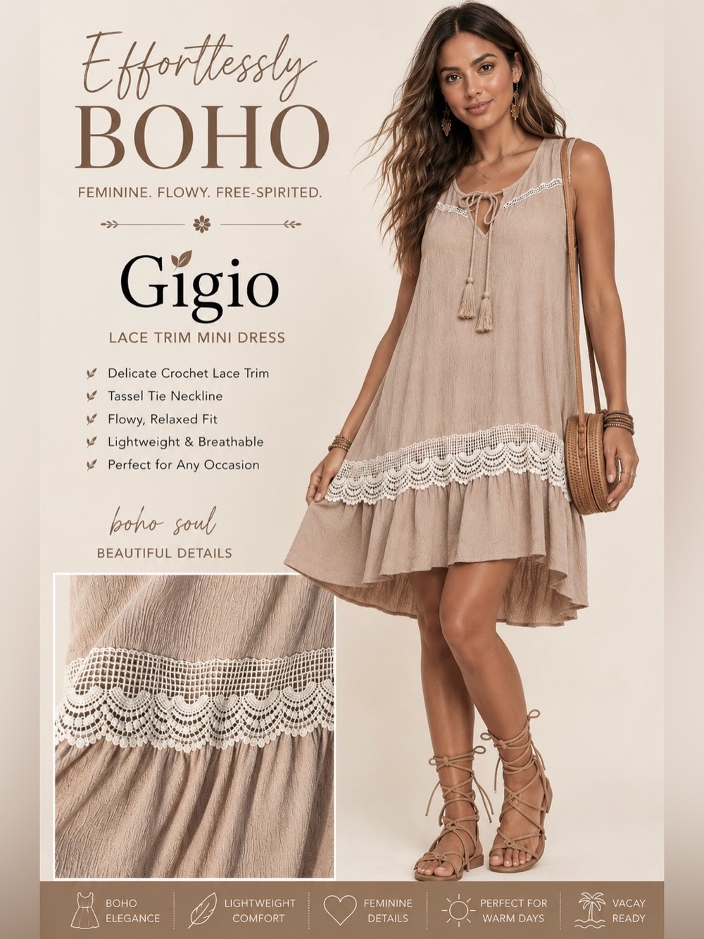 Gigio Boho Lace Trim Tassel Swing Mini Dress Cottagecore Size Large